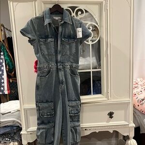 Good American Washed Denim Wide-Leg Jumpsuit - Faded Blue